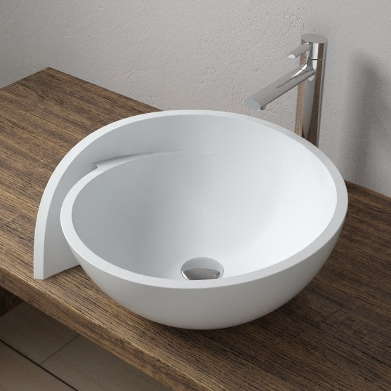 CW-109 Round Circular Countertop Mounted Vessel Sink in White Finish Shown Installed