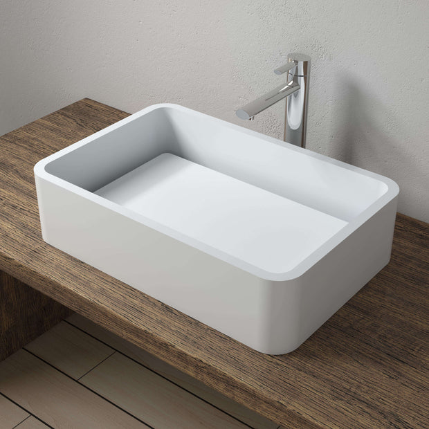 CW-114 Rectangular Countertop Mounted Vessel Sink in White Finish Shown Installed with Separate Faucet