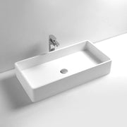 DW-145 Large Rectangular Countertop Mounted Vessel Sink in White Finish Shown with Separate Faucet