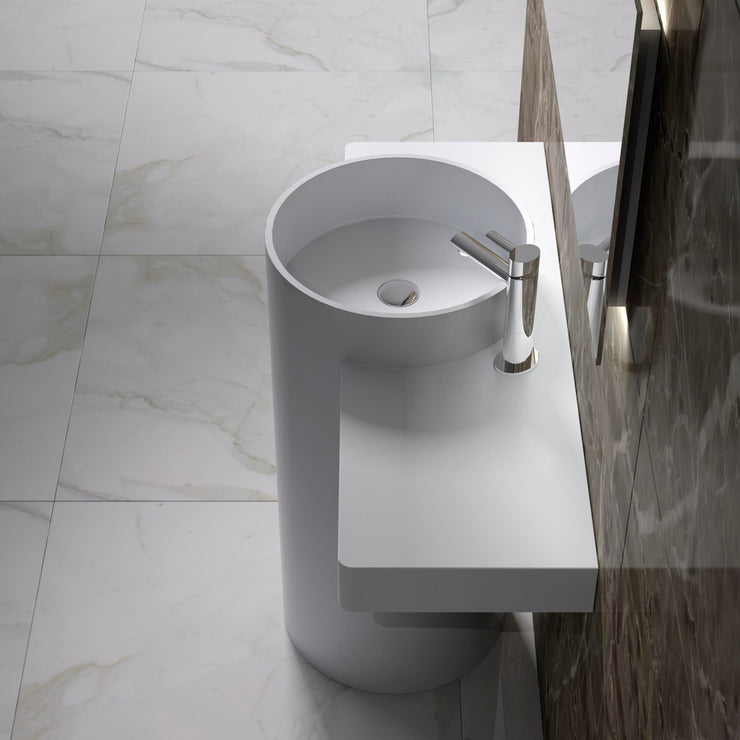 DW-199 Round Circular Freestanding Pedestal Sink in White Finish Shown Installed