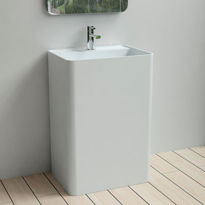 DW-203 Rectangular Freestanding Pedestal Sink in White Finish Shown Installed