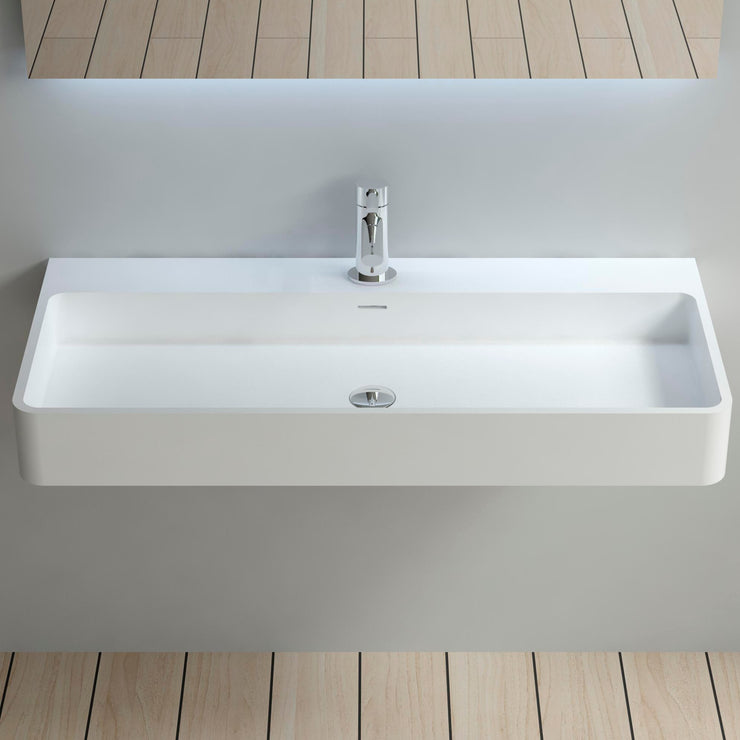 DW-208 Rectangular Wall Mounted Countertop Sink in White Finish Shown Installed with Separate Faucet