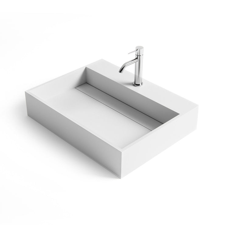 DW-158 Rectangular Wall Mounted Countertop Sink in White Finish Shown with Separate Faucet